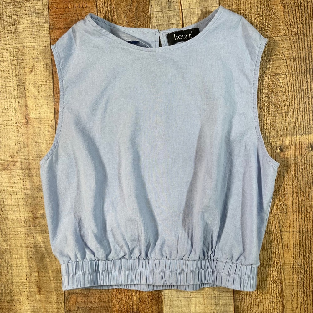 Kourt Blue Linen Rayon Sleeveless Elastic Hem Crop Top Small Coastal Minimalist